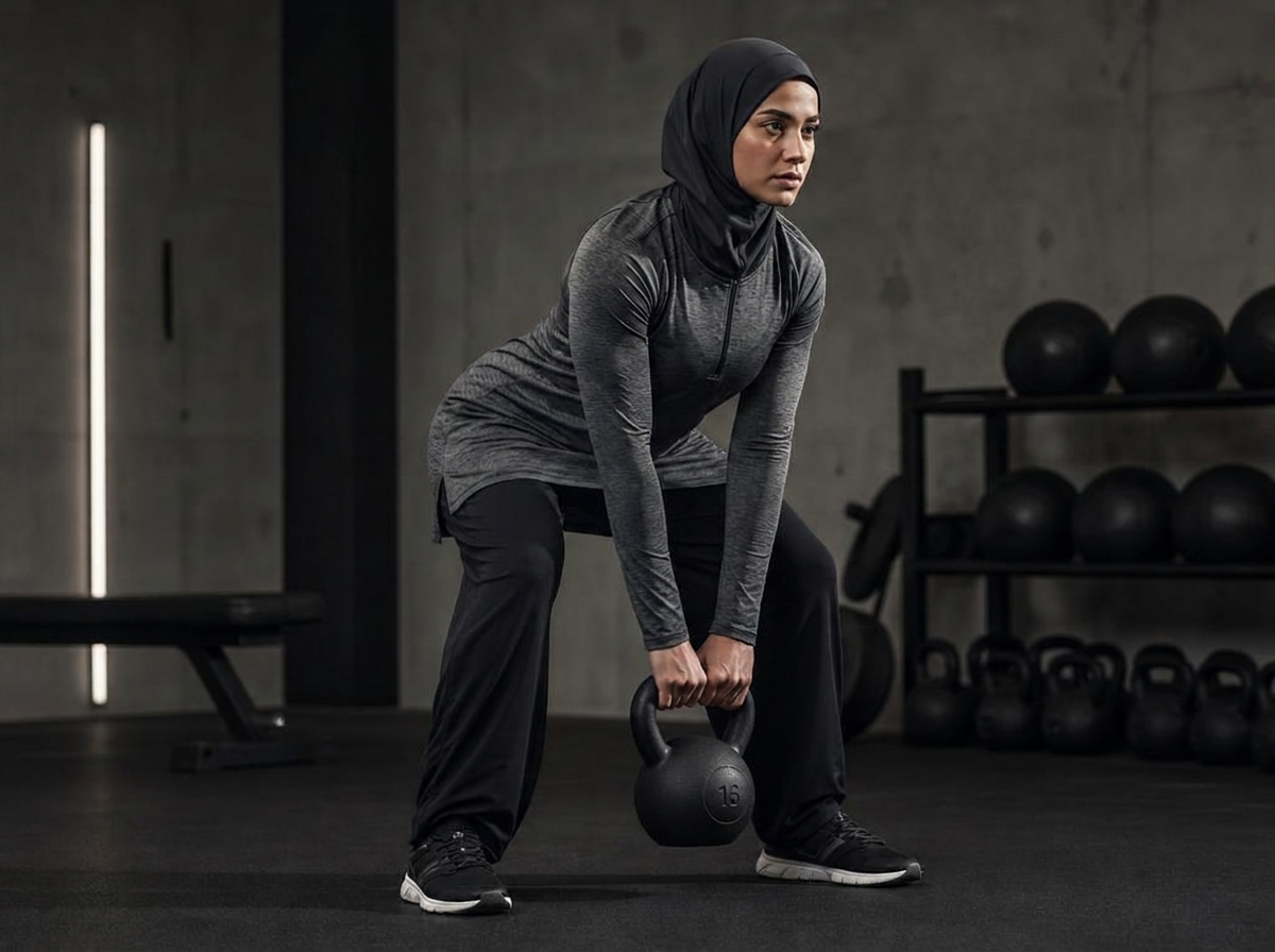 Woman training with a kettlebell in a gym